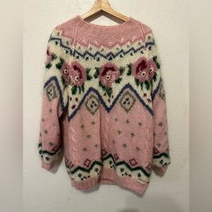 Vintage 90’s Siba Mohair Blend Floral Knit Sweater in Pink and Cream - Size L